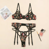 Damen Sexy Dessous-Set, 3-teilig, Schnalle, verstellbare Träger, Oberteile mit Höschen, Spitzenunterwäsche